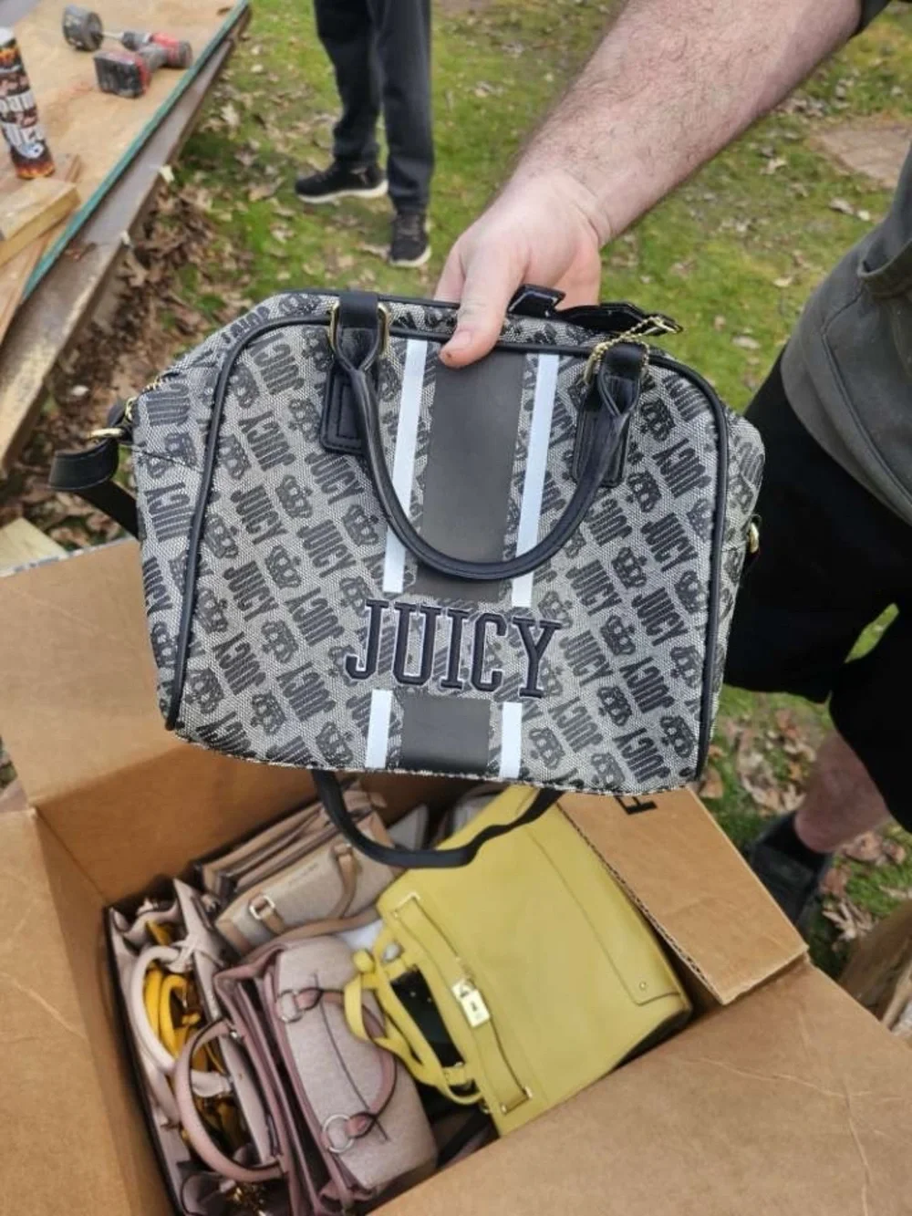 Juicy Couture Gray Logo Satchel with White Stripe Accents